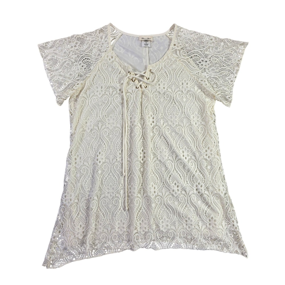Brittany Black Ivory Lace Tunic Top XL Boho Lace Up V-Neck Short Sleeve Lined